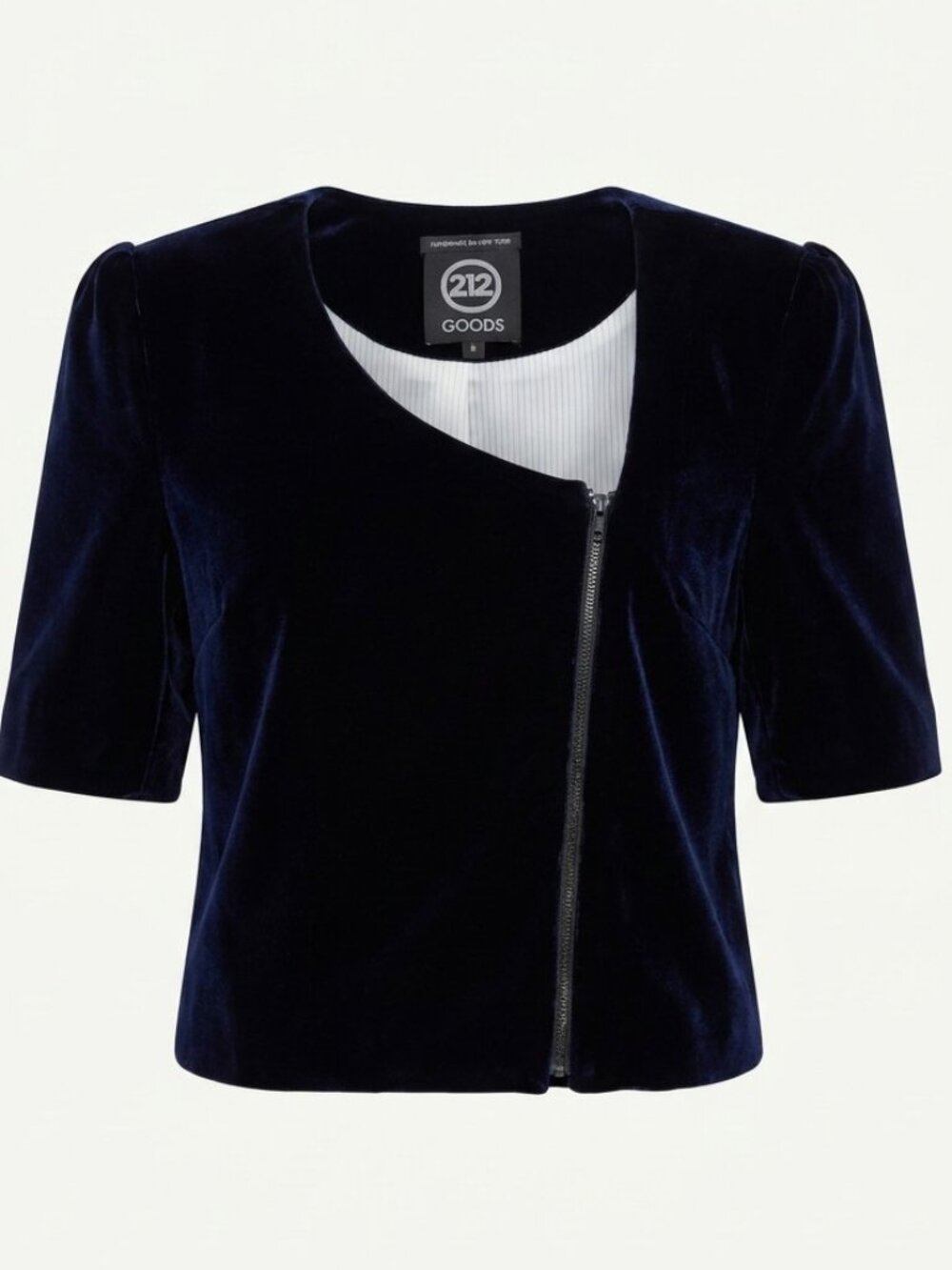 212 Goods LLC Blue Velvet Short Sleeve Asymmetric Zip Cropped Jacket Blazer 2